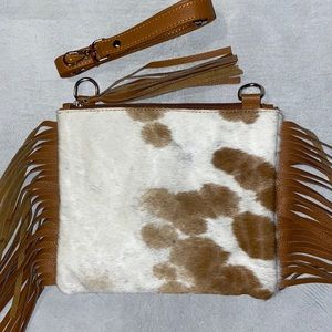 New Handmade Real Cowhide Leather Crossbody Purse Handbag Hair On With Fringes